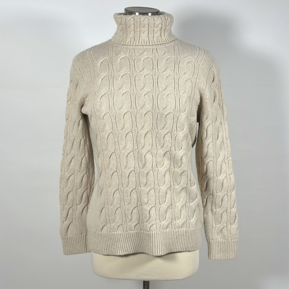 LL Bean Turtleneck Cable Knit Sweater Wool Blend Beige - Large
